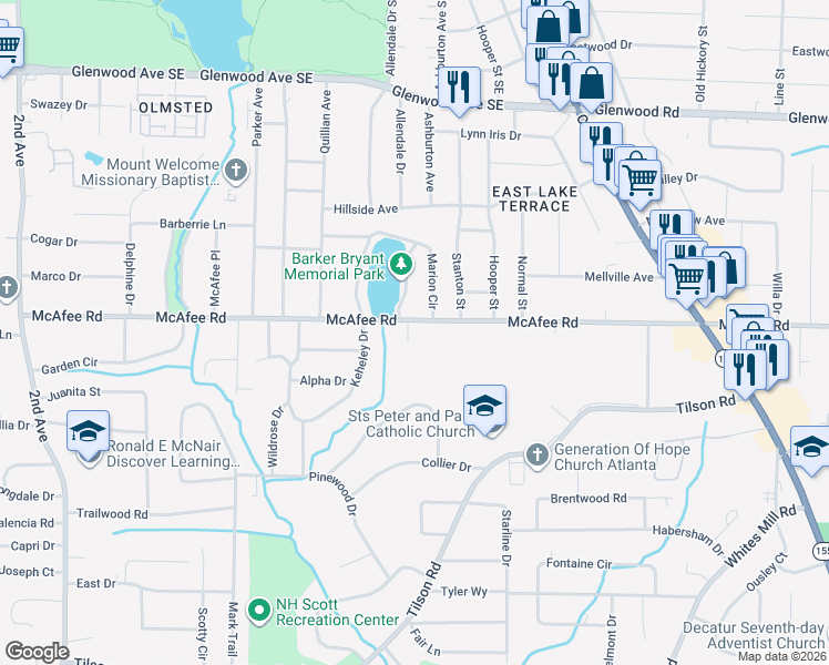 map of restaurants, bars, coffee shops, grocery stores, and more near in Candler-McAfee
