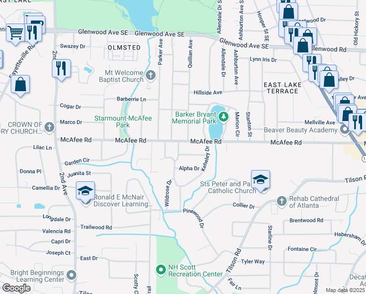 map of restaurants, bars, coffee shops, grocery stores, and more near 2026 Rebecca Lane in Decatur