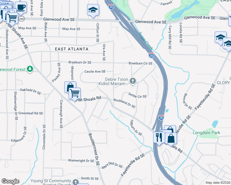 map of restaurants, bars, coffee shops, grocery stores, and more near 834 Clifton Road Southeast in Atlanta