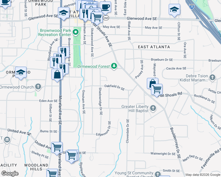 map of restaurants, bars, coffee shops, grocery stores, and more near 1184 Oakfield Drive Southeast in Atlanta