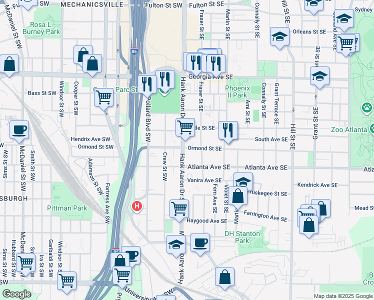 map of restaurants, bars, coffee shops, grocery stores, and more near 30 Ormond Street Southeast in Atlanta