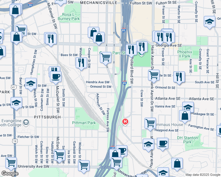 map of restaurants, bars, coffee shops, grocery stores, and more near 200 Hendrix Avenue Southwest in Atlanta