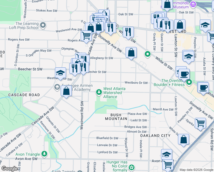 map of restaurants, bars, coffee shops, grocery stores, and more near 1404 Westboro Drive Southwest in Atlanta