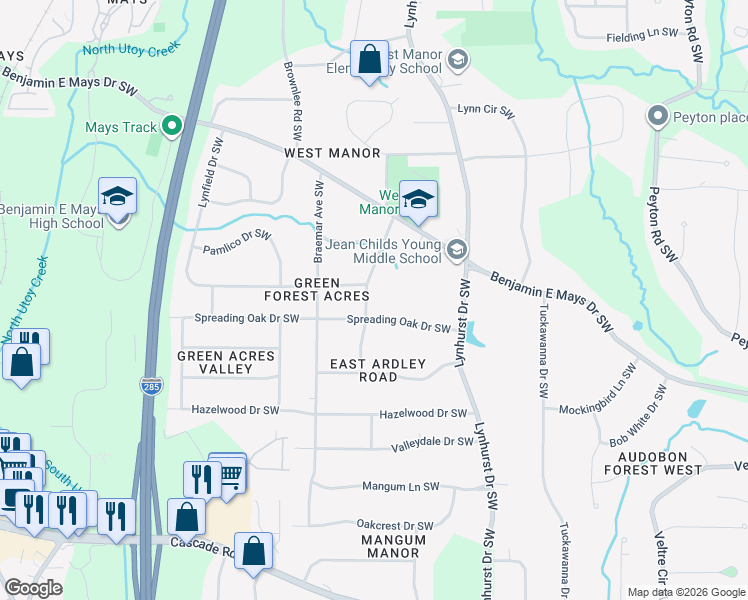 map of restaurants, bars, coffee shops, grocery stores, and more near 876 Laurelmont Drive Southwest in Atlanta
