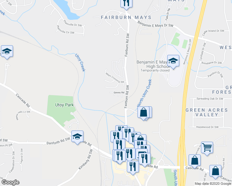 map of restaurants, bars, coffee shops, grocery stores, and more near 3610 Ginnis Road in Atlanta