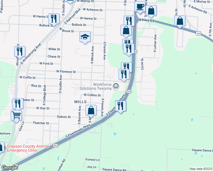 map of restaurants, bars, coffee shops, grocery stores, and more near 410 West Coffin Street in Denison