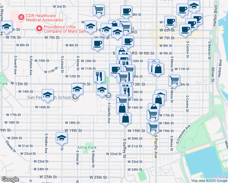 map of restaurants, bars, coffee shops, grocery stores, and more near 768 West 14th Street in Los Angeles
