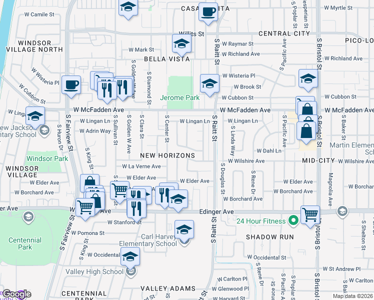 map of restaurants, bars, coffee shops, grocery stores, and more near 2028 West Dahl Lane in Santa Ana
