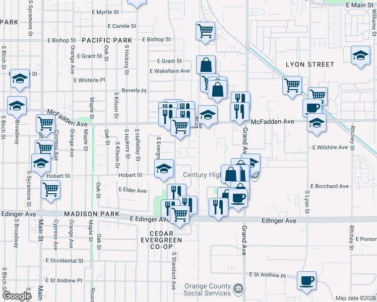 map of restaurants, bars, coffee shops, grocery stores, and more near 1323 South Standard Avenue in Santa Ana