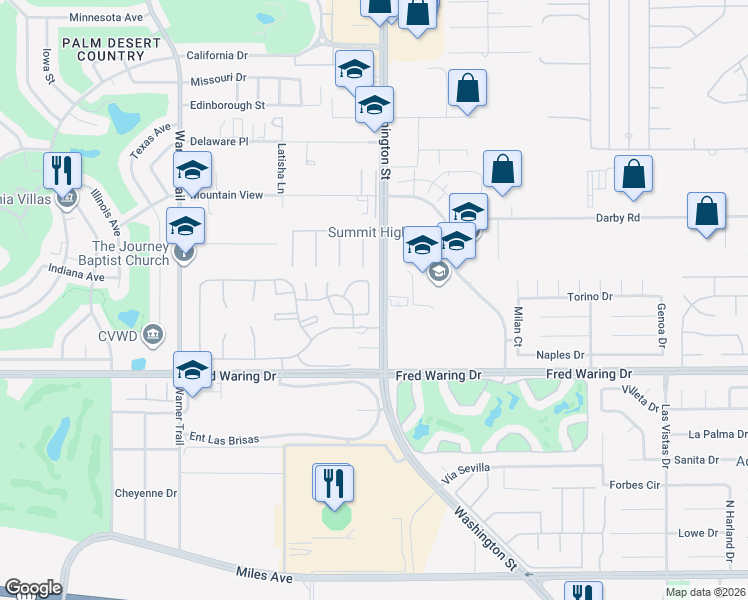 map of restaurants, bars, coffee shops, grocery stores, and more near 43666 Via Magellan Drive in Palm Desert