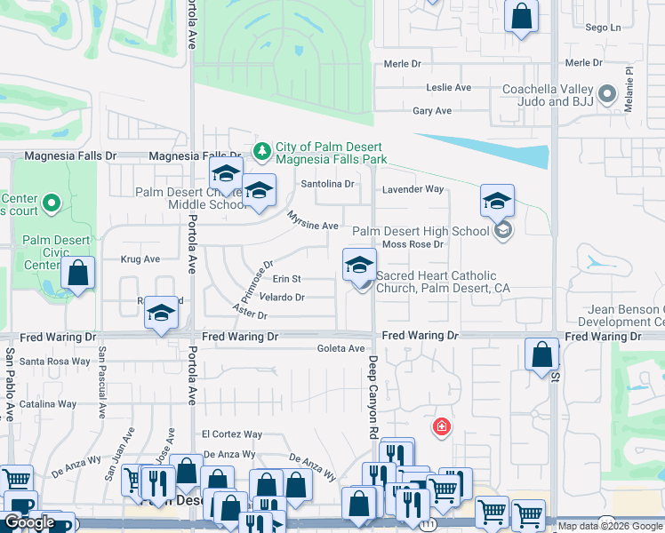 map of restaurants, bars, coffee shops, grocery stores, and more near 43620 Palmilla Circle in Palm Desert
