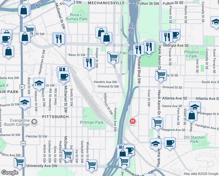 map of restaurants, bars, coffee shops, grocery stores, and more near 220 Ormond Street Southwest in Atlanta