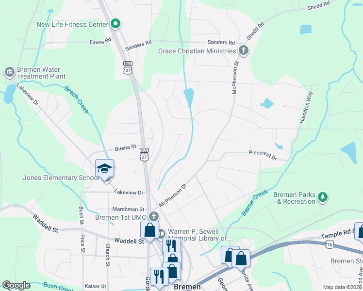 map of restaurants, bars, coffee shops, grocery stores, and more near 449 North Georgia Avenue in Bremen