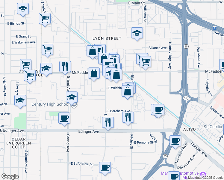 map of restaurants, bars, coffee shops, grocery stores, and more near 1669 South Wright Street in Santa Ana