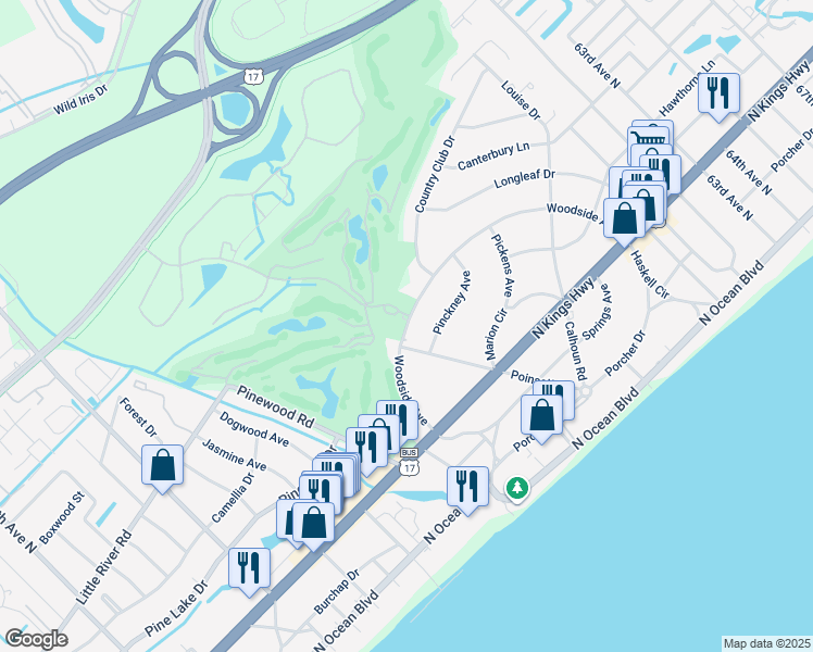 map of restaurants, bars, coffee shops, grocery stores, and more near 5609 Woodside Avenue in Myrtle Beach