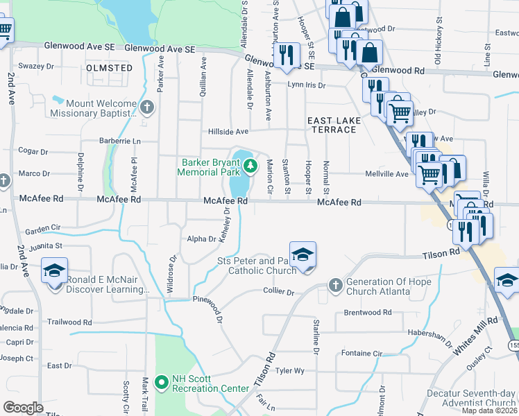 map of restaurants, bars, coffee shops, grocery stores, and more near in Candler-McAfee