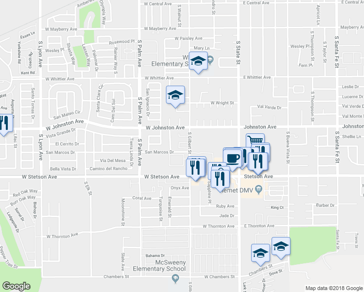 map of restaurants, bars, coffee shops, grocery stores, and more near 1005 South Gilbert Street in Hemet