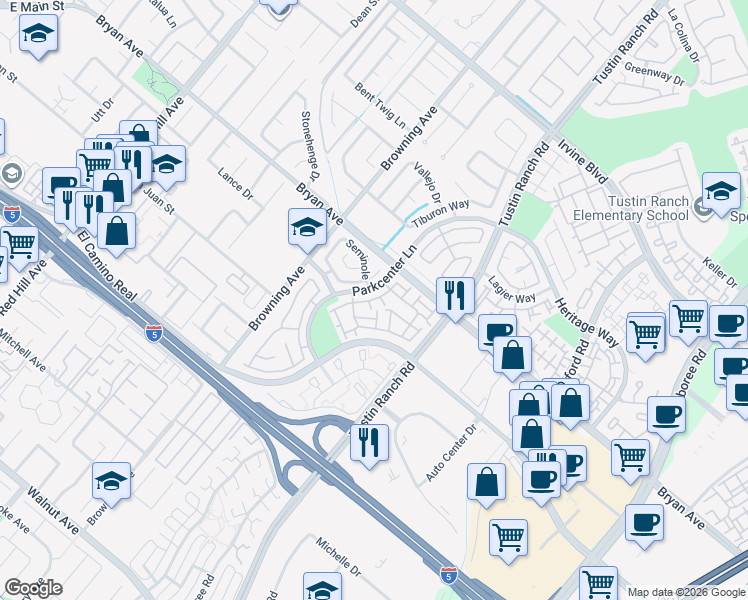 map of restaurants, bars, coffee shops, grocery stores, and more near 2215 Carob Way in Tustin