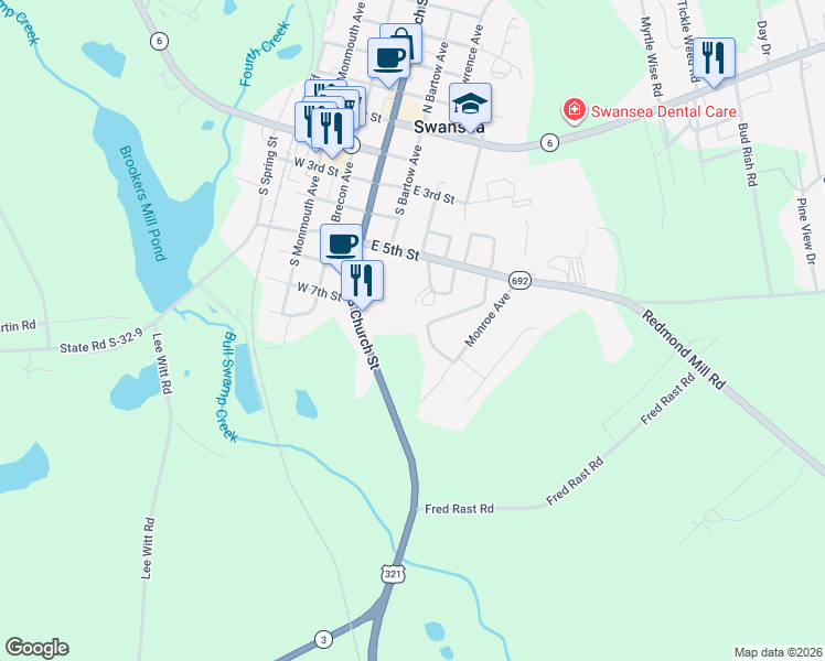map of restaurants, bars, coffee shops, grocery stores, and more near 274 Swansea Road in Swansea