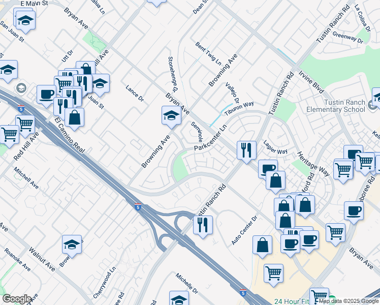map of restaurants, bars, coffee shops, grocery stores, and more near 13611 Almond Street in Tustin
