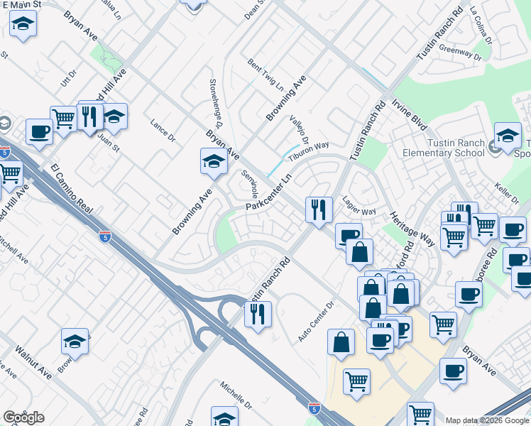 map of restaurants, bars, coffee shops, grocery stores, and more near 2212 Star Pine Way in Tustin