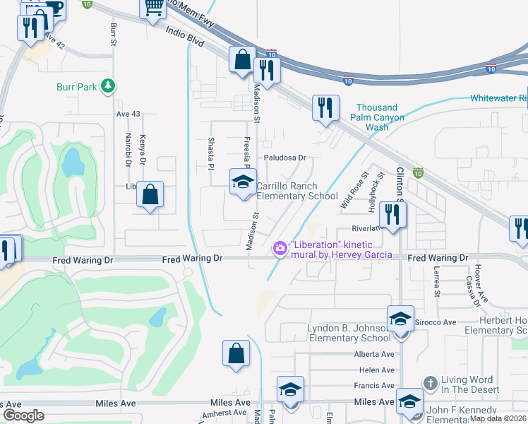 map of restaurants, bars, coffee shops, grocery stores, and more near 81050 Sentry Court in Indio