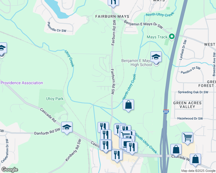 map of restaurants, bars, coffee shops, grocery stores, and more near 3609 Ginnis Circle Southwest in Atlanta