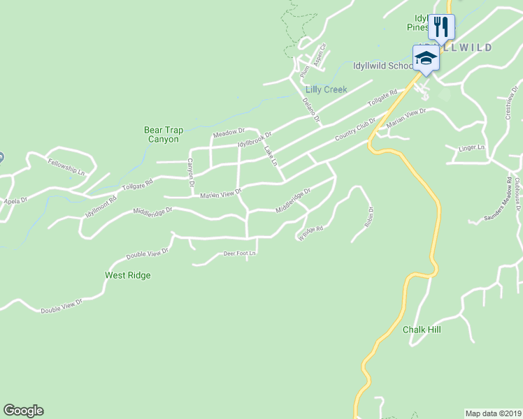 map of restaurants, bars, coffee shops, grocery stores, and more near 53415 Middleridge Drive in Idyllwild-Pine Cove