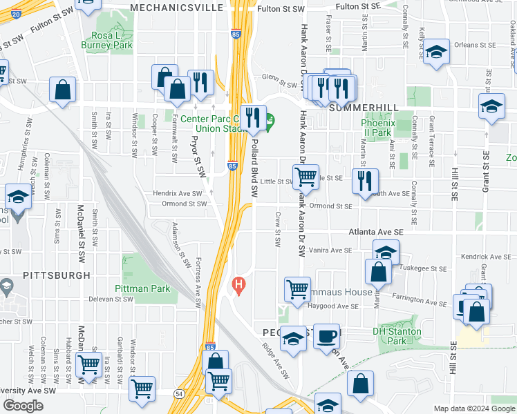 map of restaurants, bars, coffee shops, grocery stores, and more near 852 Washington Street Southwest in Atlanta