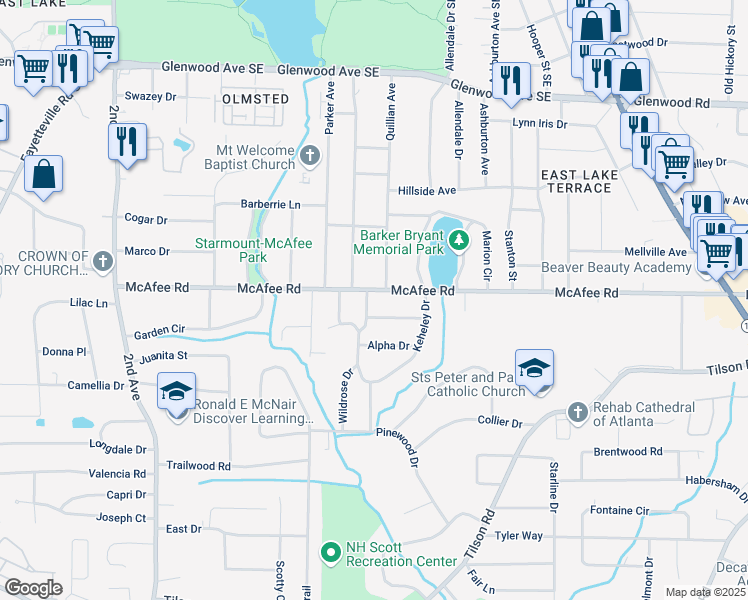 map of restaurants, bars, coffee shops, grocery stores, and more near 2026 Rebecca Lane in Decatur
