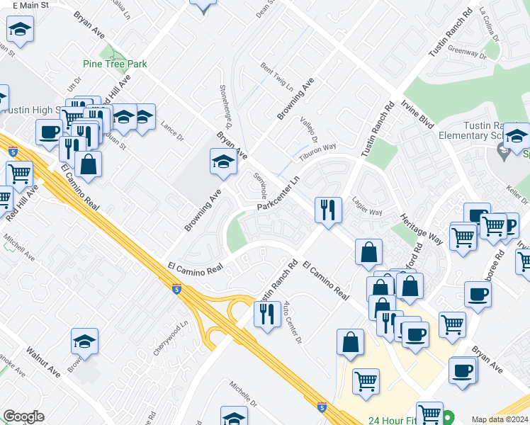 map of restaurants, bars, coffee shops, grocery stores, and more near 13583 Almond Street in Tustin