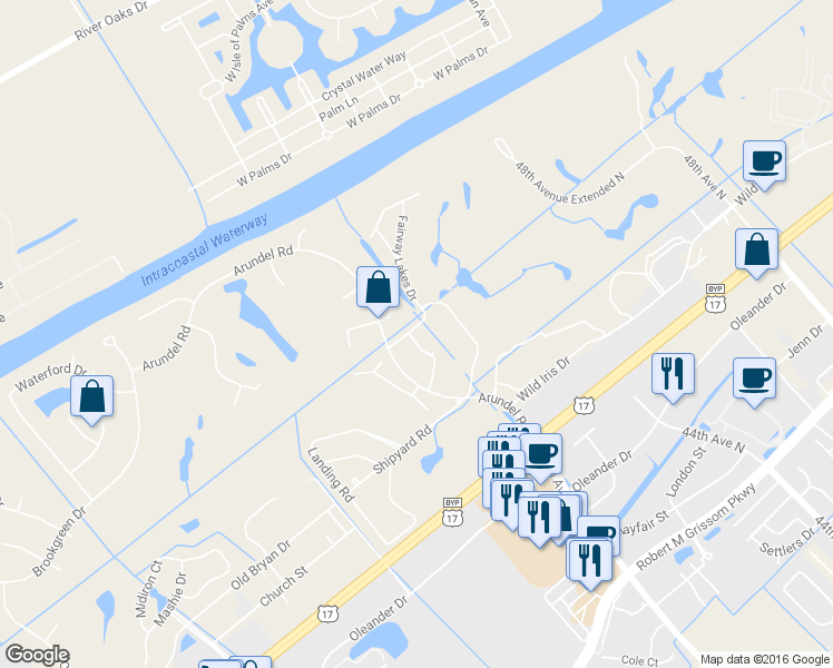map of restaurants, bars, coffee shops, grocery stores, and more near 3826 Palmetto Drive in Myrtle Beach