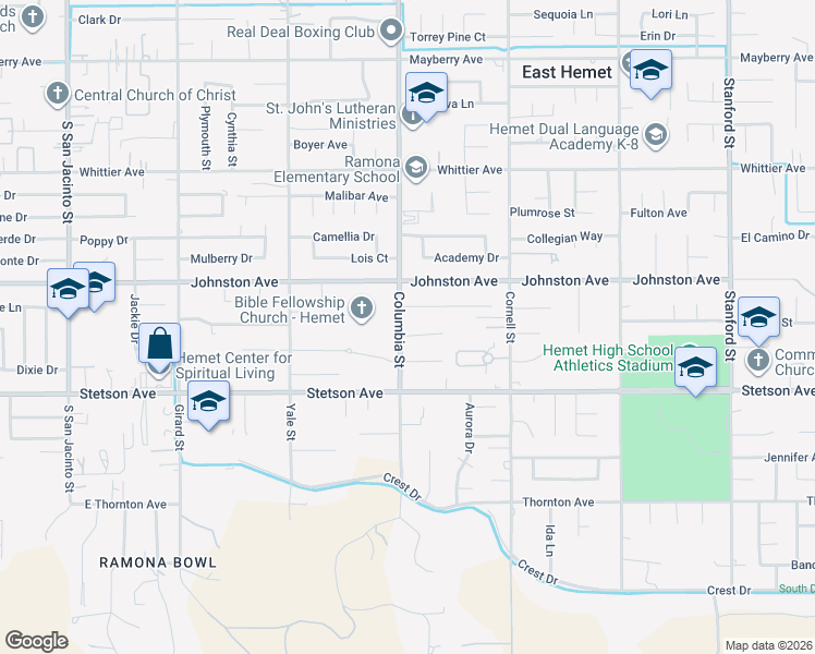 map of restaurants, bars, coffee shops, grocery stores, and more near 26850 Columbia Street in Hemet