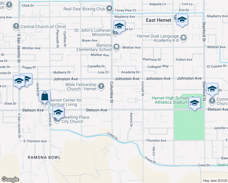 map of restaurants, bars, coffee shops, grocery stores, and more near 26850 Columbia Street in Hemet