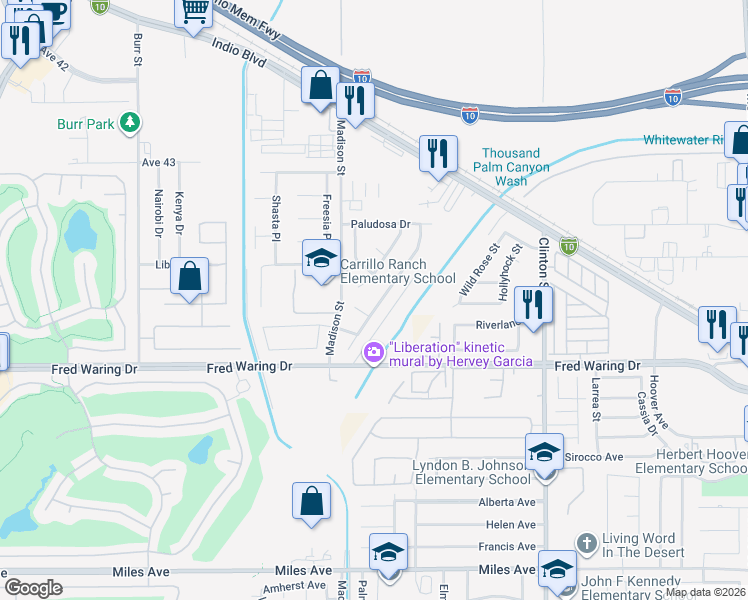 map of restaurants, bars, coffee shops, grocery stores, and more near 43755 Reclinata Way in Indio