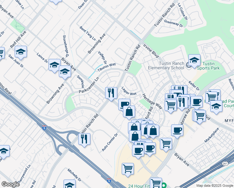 map of restaurants, bars, coffee shops, grocery stores, and more near 13425 Via Almeria in Tustin