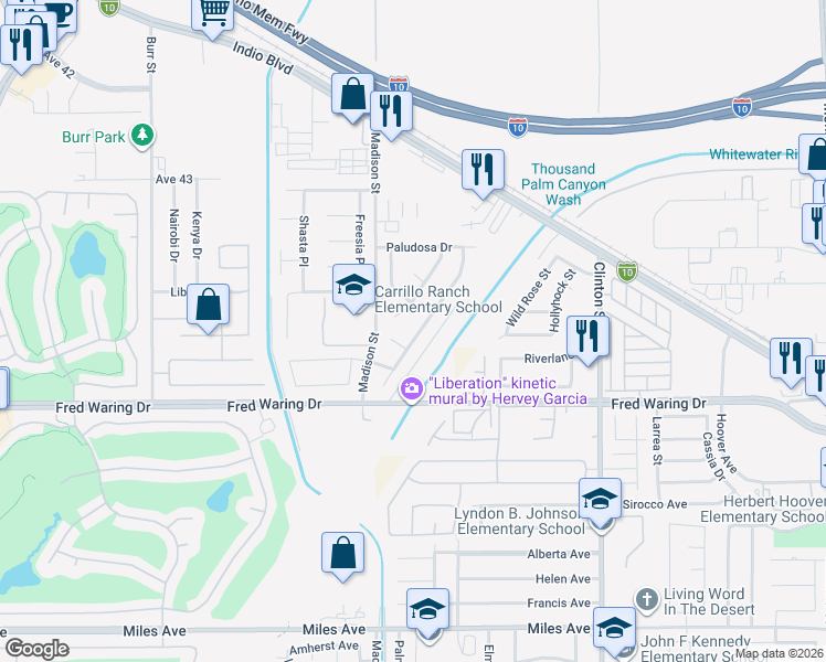 map of restaurants, bars, coffee shops, grocery stores, and more near 43755 Reclinata Way in Indio