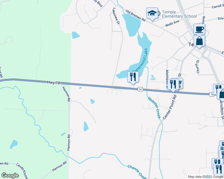 map of restaurants, bars, coffee shops, grocery stores, and more near 113 Bedrock Place in Temple