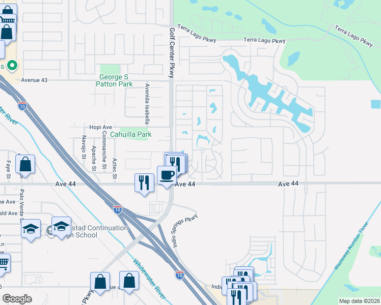 map of restaurants, bars, coffee shops, grocery stores, and more near 84136 Avenue 44 in Indio