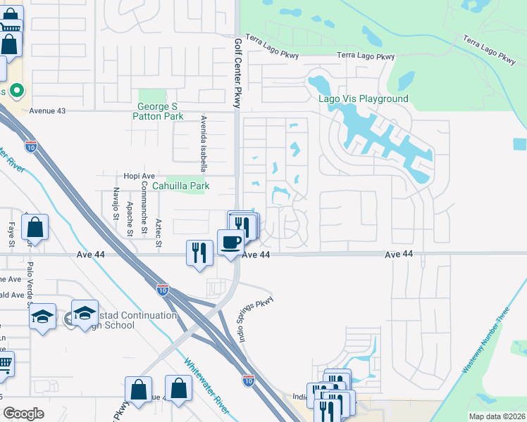 map of restaurants, bars, coffee shops, grocery stores, and more near 84136 Avenue 44 in Indio