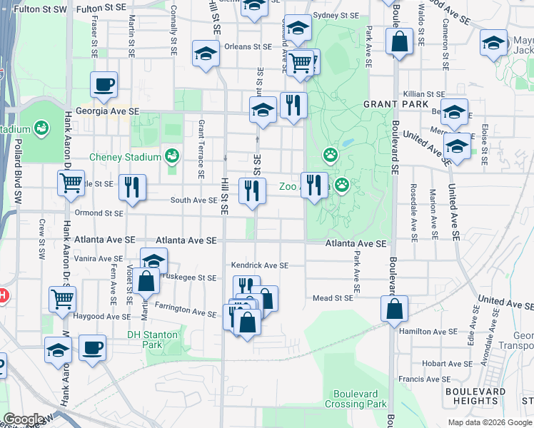 map of restaurants, bars, coffee shops, grocery stores, and more near 356 Ormond Street Southeast in Atlanta