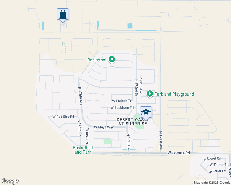 map of restaurants, bars, coffee shops, grocery stores, and more near 17363 West Straight Arrow Lane in Surprise