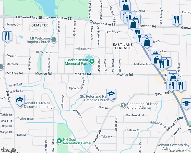 map of restaurants, bars, coffee shops, grocery stores, and more near in Candler-McAfee
