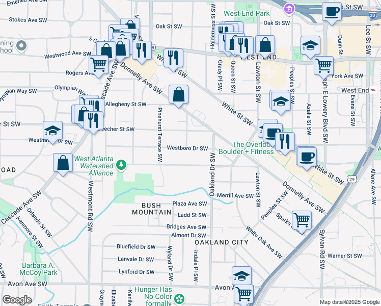 map of restaurants, bars, coffee shops, grocery stores, and more near 1268 Westboro Drive Southwest in Atlanta