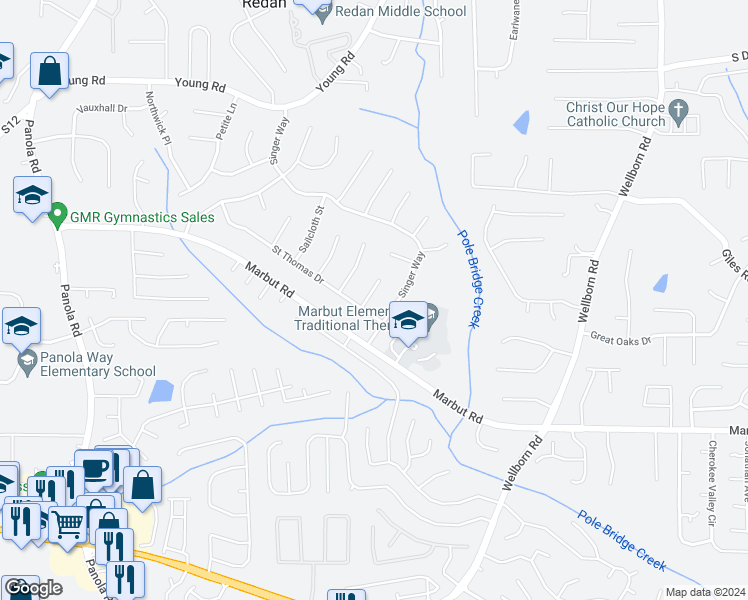 map of restaurants, bars, coffee shops, grocery stores, and more near 1976 Woodlot Trail in Lithonia