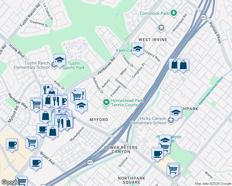 map of restaurants, bars, coffee shops, grocery stores, and more near 54 Freeland in Irvine