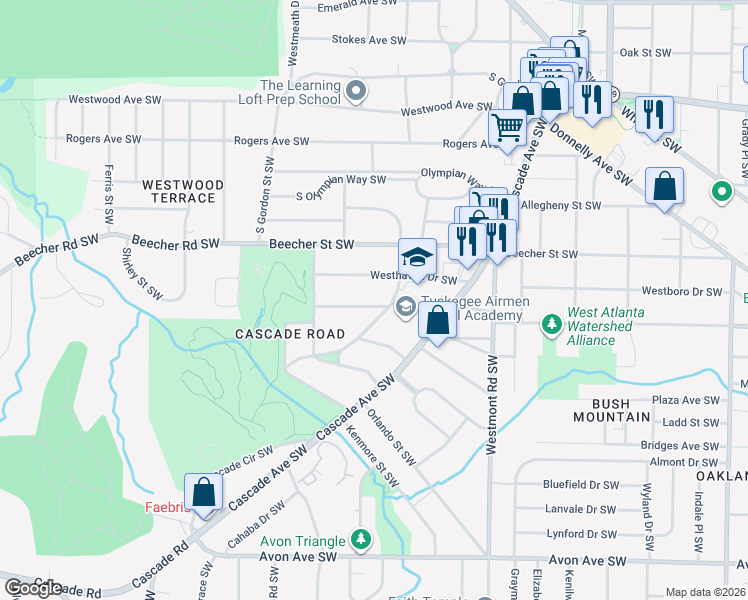 map of restaurants, bars, coffee shops, grocery stores, and more near 1673 Richland Road Southwest in Atlanta