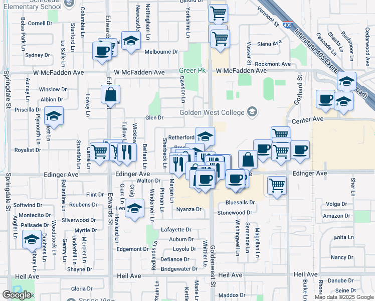 map of restaurants, bars, coffee shops, grocery stores, and more near 6862 Breeland Drive in Huntington Beach