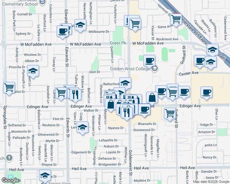 map of restaurants, bars, coffee shops, grocery stores, and more near 6862 Breeland Drive in Huntington Beach