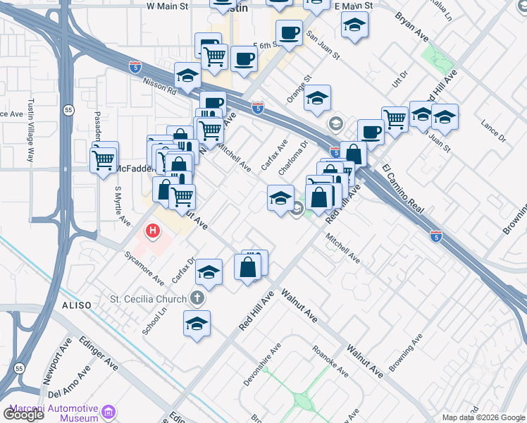map of restaurants, bars, coffee shops, grocery stores, and more near 14332 Kipling Lane in Tustin